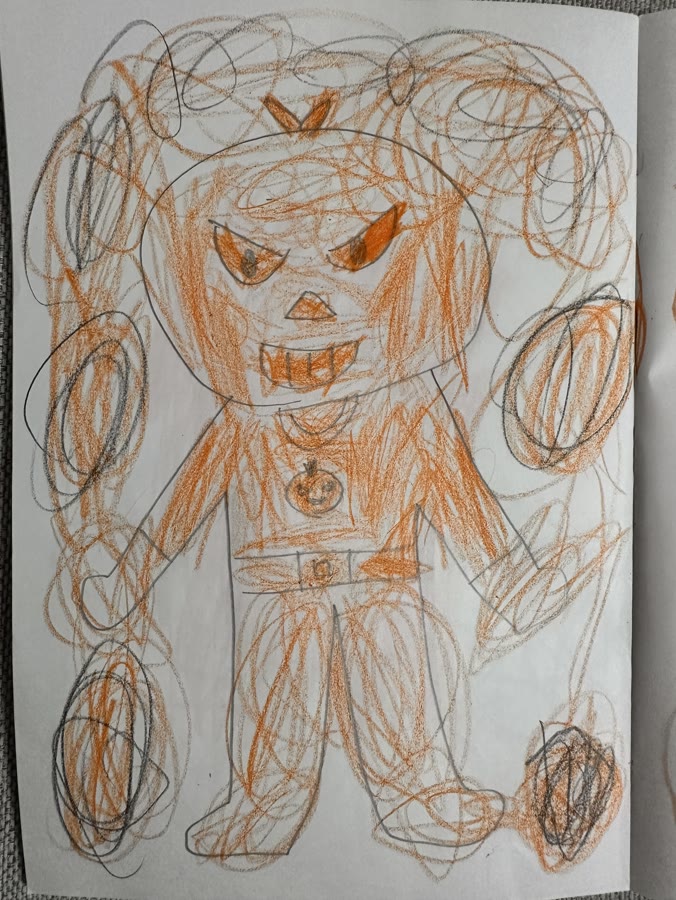 Child's crayon drawing of the giant Mikanman